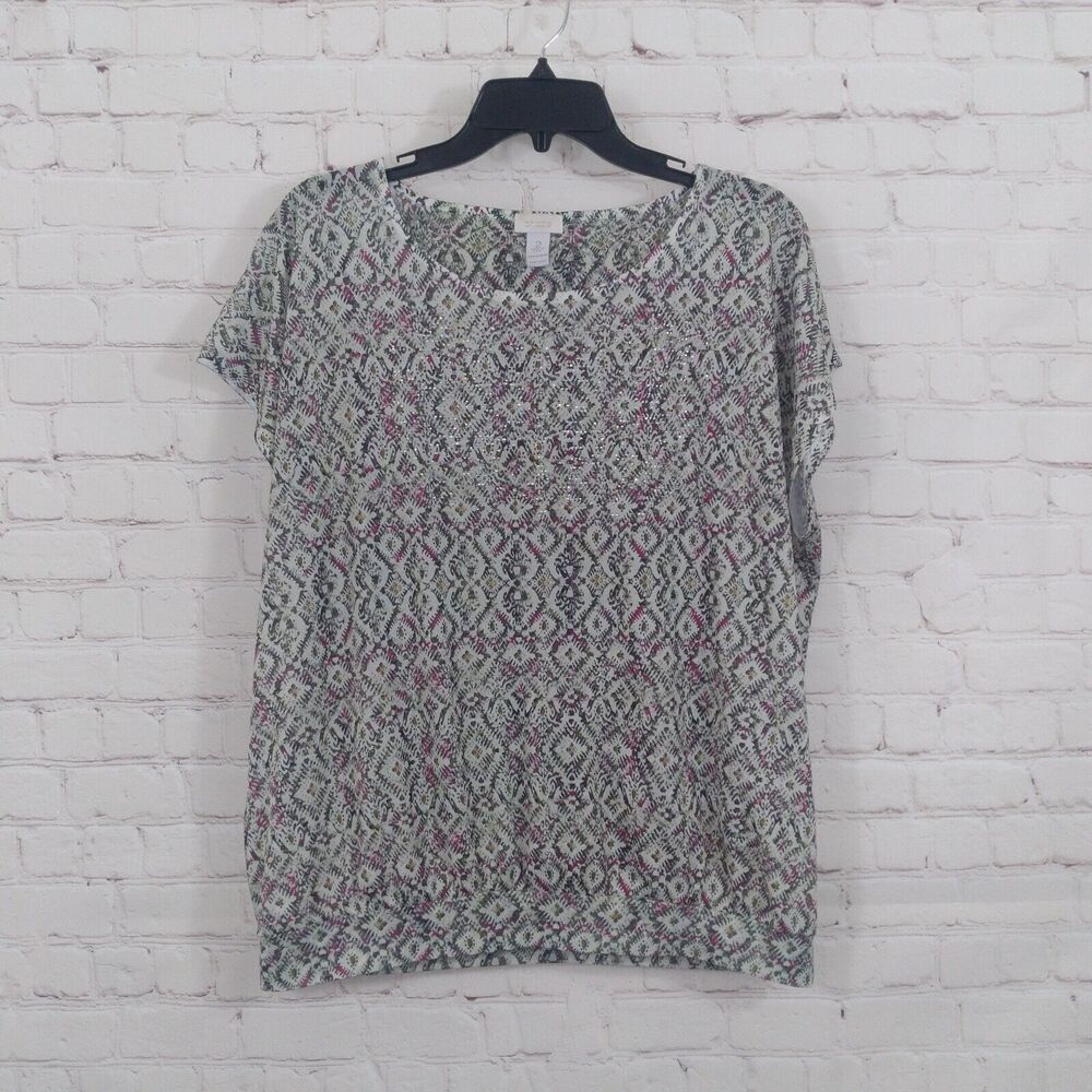 Chicos Top Womens 2 Cream Green Geometric Cap Sleeve Embellished Banded Waist